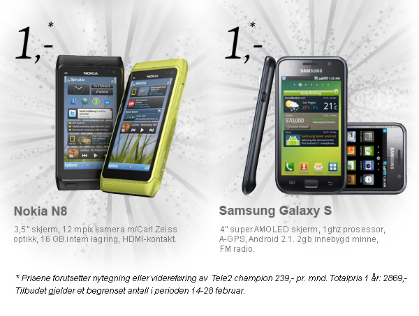 Nokia N8 eller Samsung GalaxyS til kun 1 krone!*