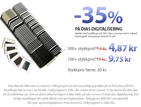 -35% avslag på Digitalisering av Dias ved bestilling på over 100 stykk.
